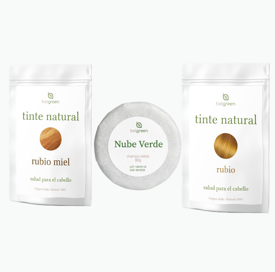 Ritual Rubio Esencial: Tinte Rubio Natural, Tinte Rubio Miel & Champú Sólido Nube Verde