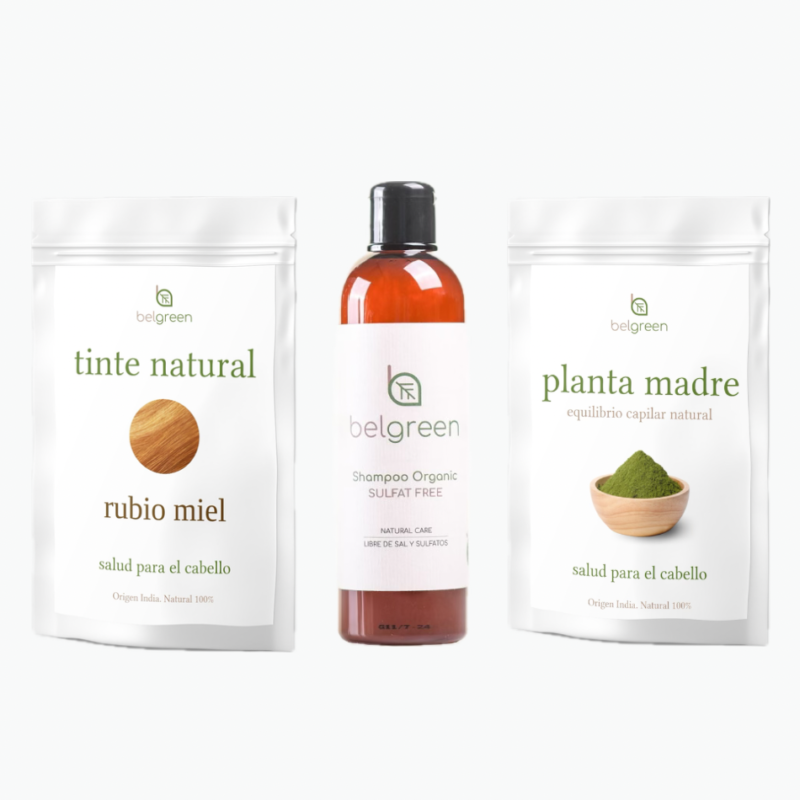 Pack luz dorada: Planta Madre, Tinte Rubio miel y Champú orgánico