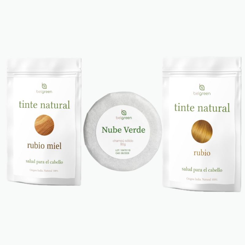Ritual Rubio Esencial: Tinte Rubio Natural, Tinte Rubio Miel & Champú Sólido Nube Verde